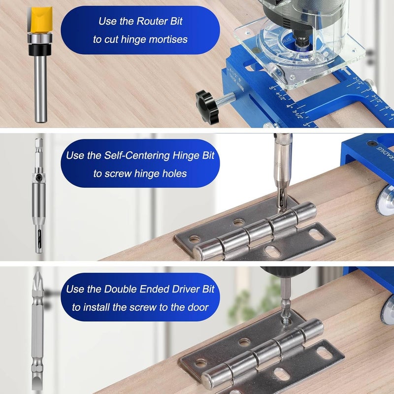 Gohelper Door Hinge Jig, Aluminum Alloy Door Hinge Template Kit for Router, Adjustable Mortise Jig Fits Door Hinges from 2.5" to 5" Length, 1/4" Radius, 5/8" Radius and Square Corner Types, Not on Door Jambs - Image 4